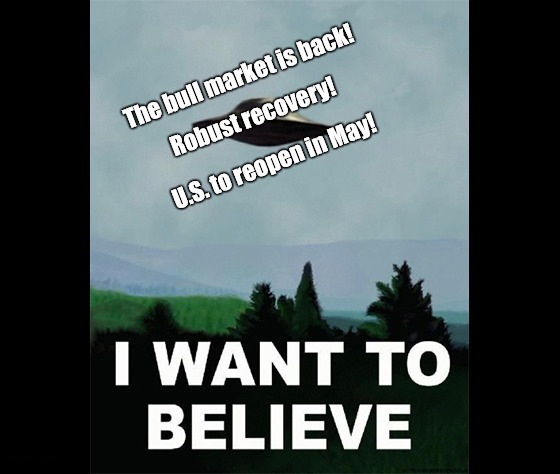 I want to believe the market rally means a new bull market, and that rainbows and monkeys will fly out of my … well, you get the picture.