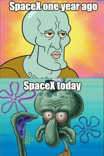 SpaceX a year ago vs today ugly Squidward meme