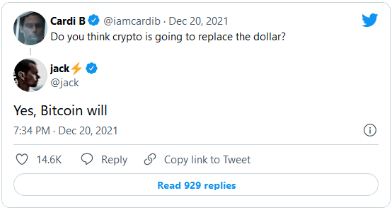 Cardi B Jack Dorsey Bitcoin replace U.S. dollar tweet