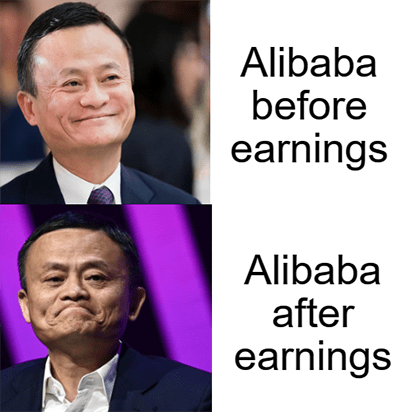 Alibaba before and after earnings Jack Ma meme